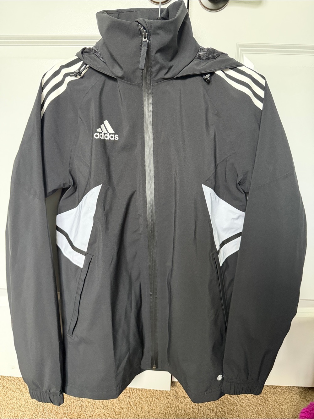 adidas Black Hooded Windbreaker with White Accents